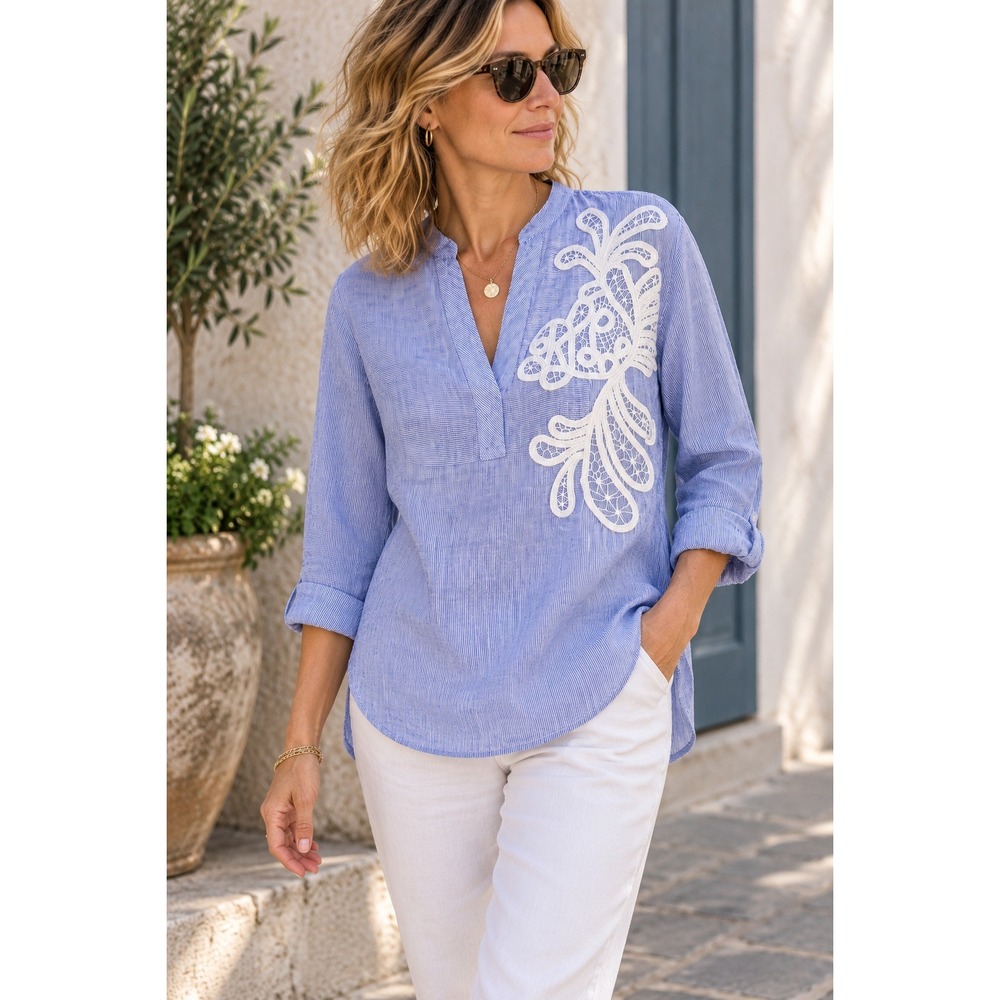 Lauren Ralph Lauren 100% Linen Striped Lace Applique Tunic Blue White L